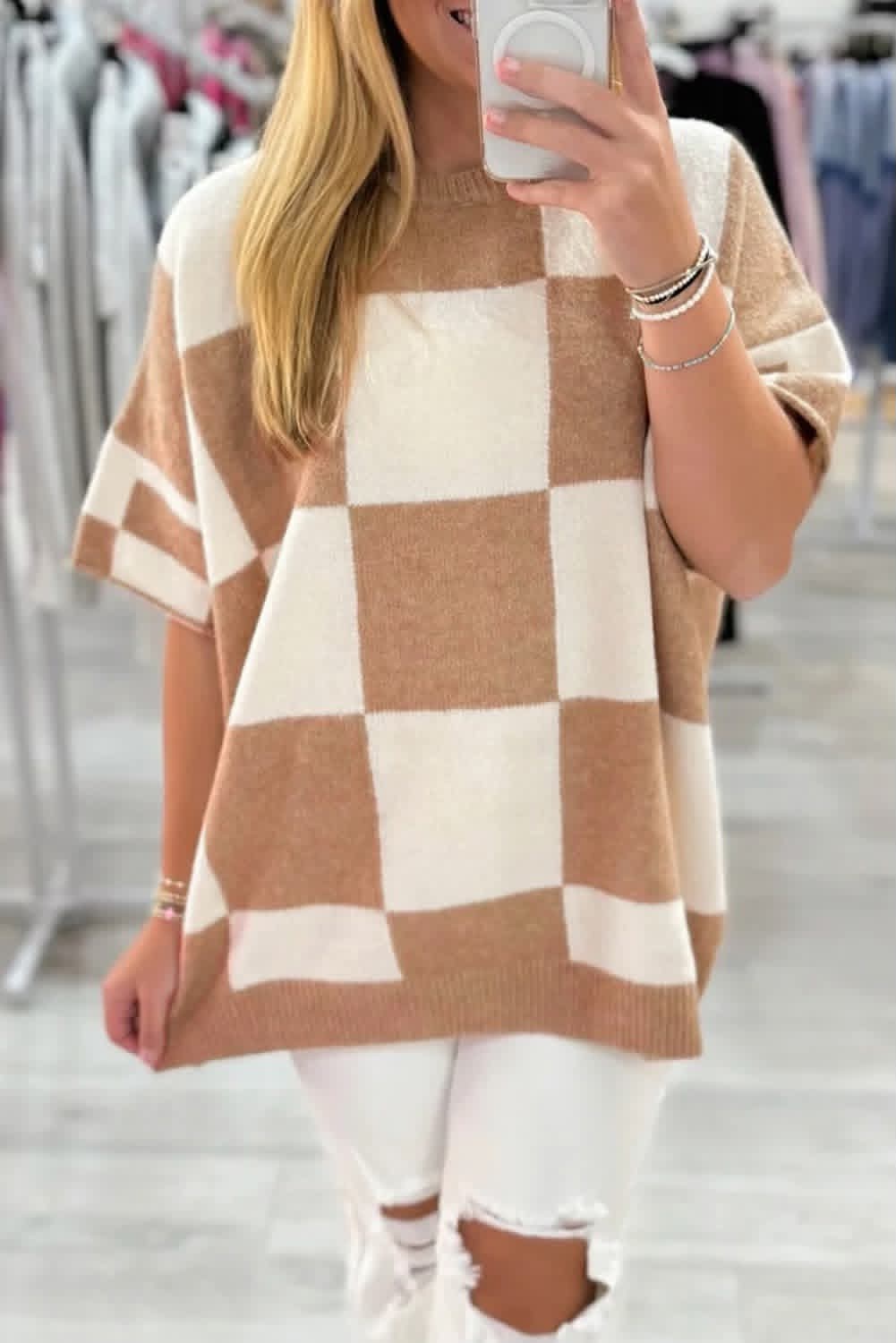 Beige Checkered Loose Sweater