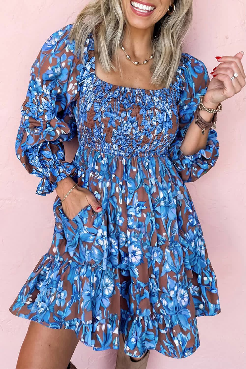 Blue Smocked Floral Fall Dress