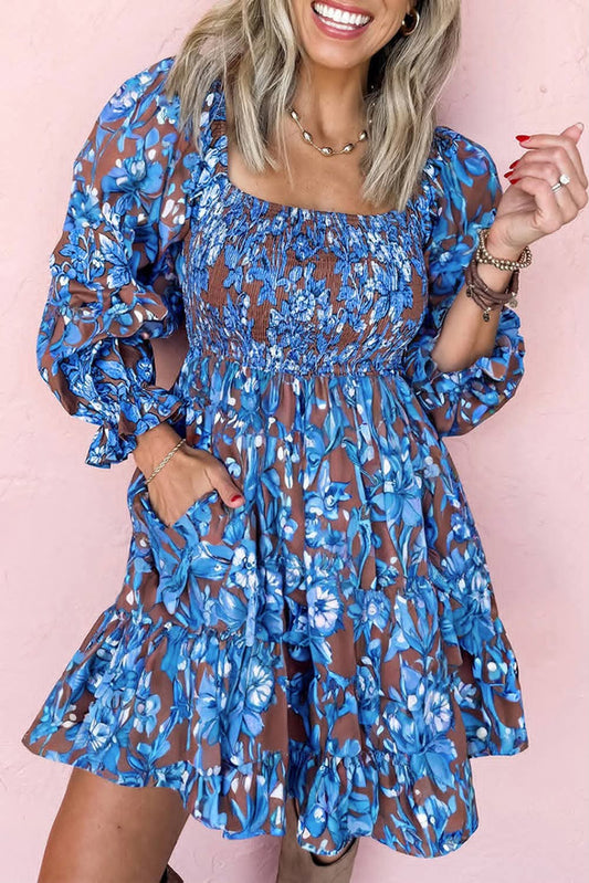 Blue Smocked Floral Fall Dress