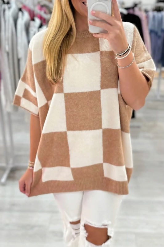Beige Checkered Loose Sweater